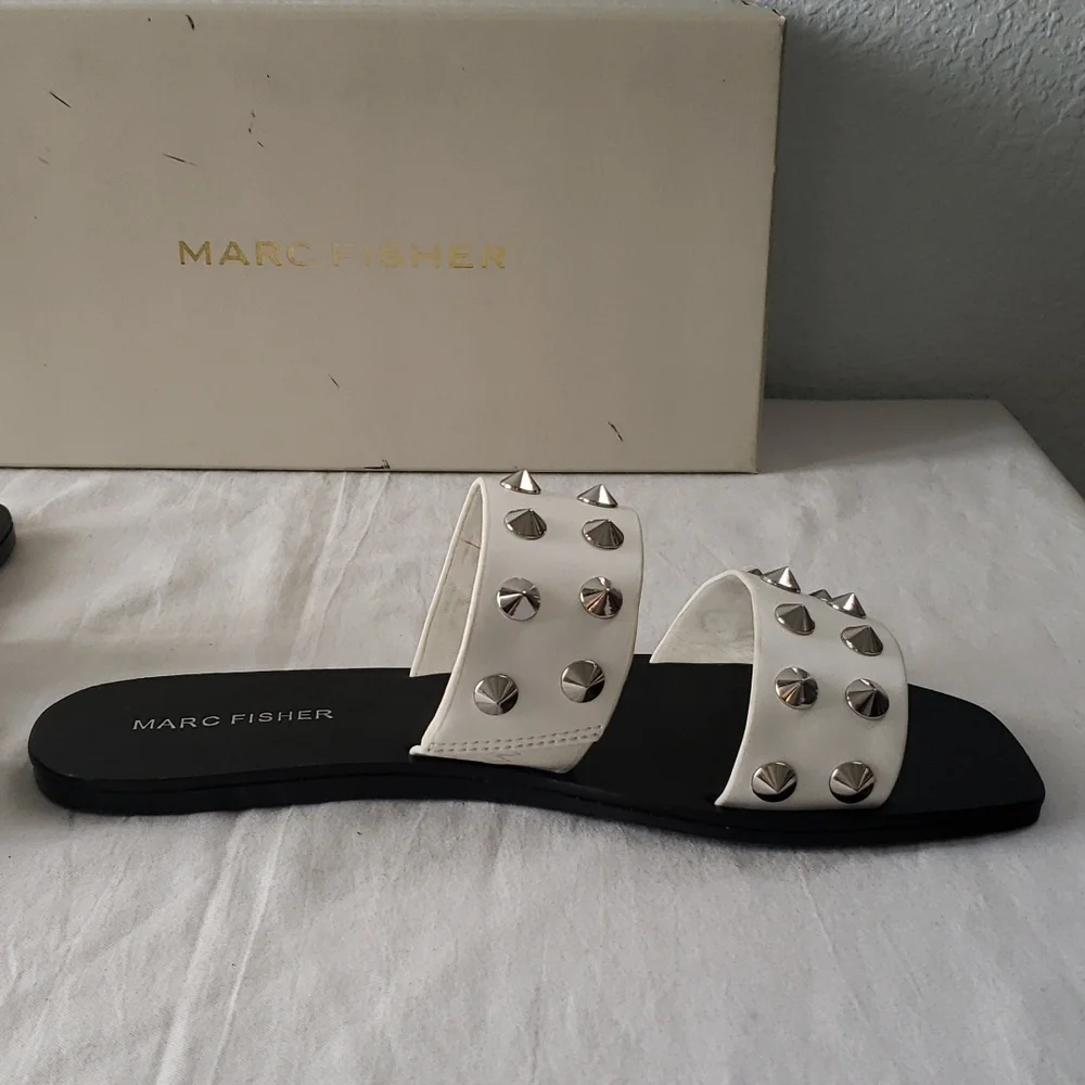 Marc Fisher White Studded Double-Strap Slide Sandals